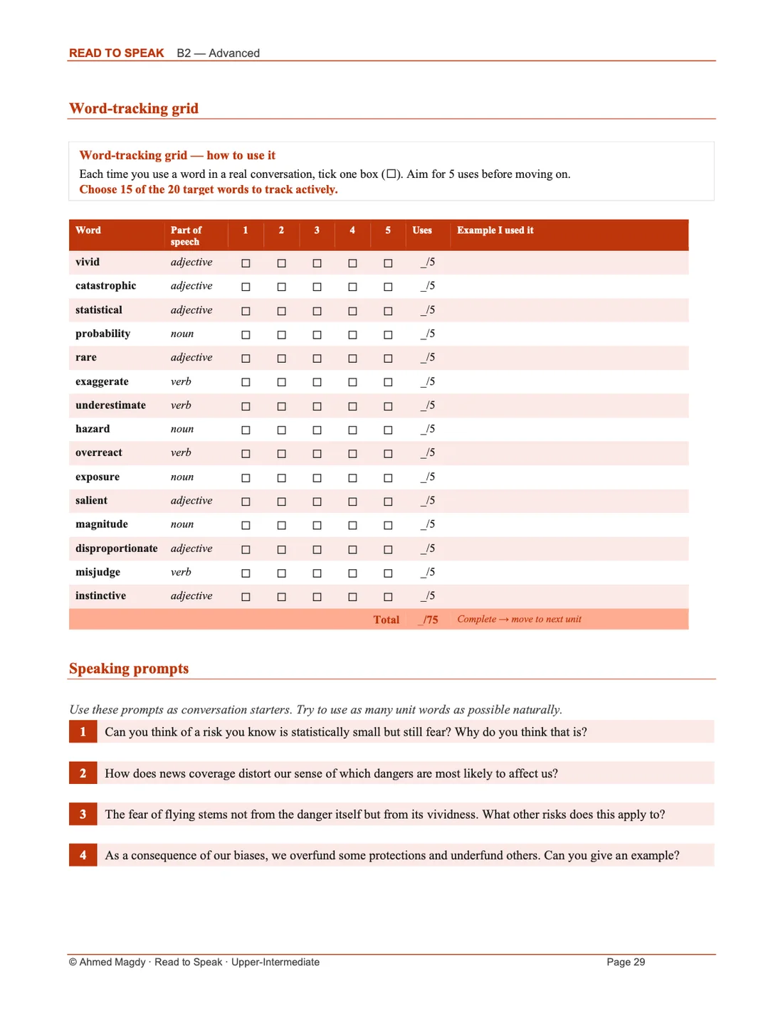 Sample page from a Read to Speak book showing the word-tracking grid and four speaking prompts.